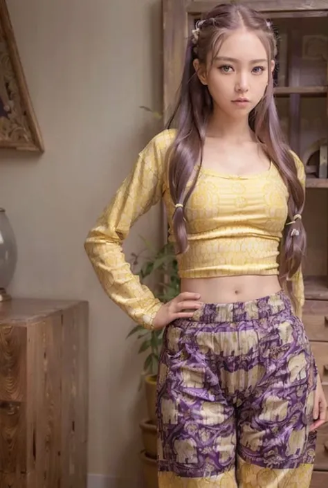 (best quality:1.4), (ultra highres:1.2), (photorealistic:1.4), (8k, RAW photo:1.2), (1girl), (model pose),(face to waist:1.6), ( long hair:1.5), wearing (plain yellow shirt:1.3) and (purple KangKengChang pants with white pattern :1.3), (in the room:1.2), <lora:koreanDollLikeness_v10:0.3>, <lora:KangKengChangV3:0.7>