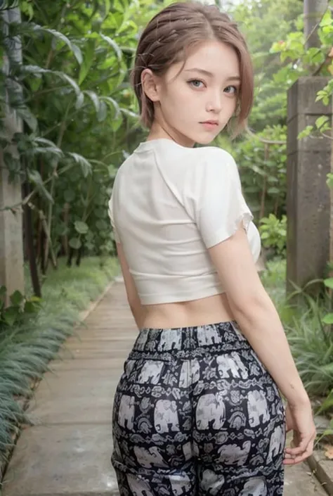 (best quality:1.4), (ultra highres:1.2), (photorealistic:1.4), (8k, RAW photo:1.2), (1girl), (shake her ass:1.4),(short hair:1.5), wearing (plain white shirt:1.3) and (black KangKengChang pants with big white elephant pattern :1.3), <lora:koreanDollLikeness_v10:0.3>, <lora:KangKengChangV3:0.7>