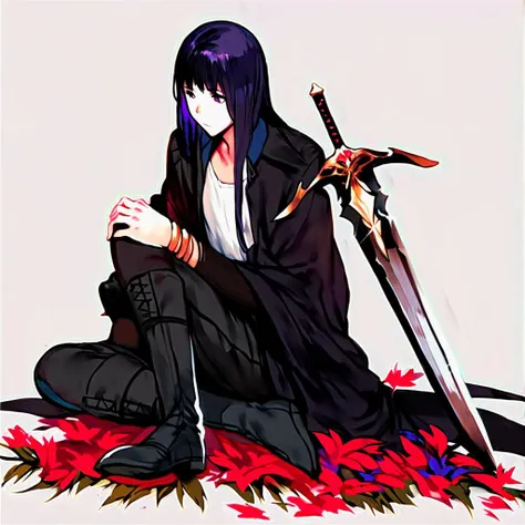 source_9_up,source_8_up,source_7_up,(by hews:0.8),yuri lowell, flower, bracelet, long hair, purple hair, sitting, sword, coat, knee boots, open clothes, jewelry, belt, weapon over shoulder, genderswap \(mtf\), 1boy, male focus, sheath, black hair, food, boots, full body, black eyes, pants, shirt, grey footwear, weapon, over shoulder, left-handed, otoko no ko, purple eyes, genderswap