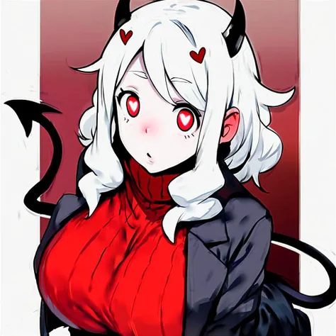 source_9_up,source_8_up,source_7_up,(by hews:0.8),modeus \(helltaker\), sleeves past wrists, red pantyhose, black skirt, long sleeves, red eyes, tail, white hair, horns, black tail, red sweater, demon tail, skirt, ribbed sweater, formal, bangs, demon horns, symbol-shaped pupils, breasts, black jacket, pantyhose, jacket, black horns, suit, heart-shaped pupils, sweater, black suit, heart, large breasts, medium hair, turtleneck