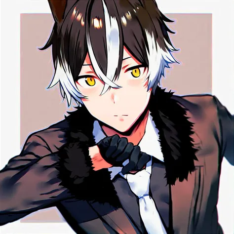 source_9_up,source_8_up,source_7_up,(by hews:0.8),kageyama shien, jackal ears, jackal tail, necktie, black coat, yellow eyes, coat, official alternate costume, fur trim, multicolored hair, 1boy, black shirt, black hair, tail, shirt, animal ears, white necktie, streaked hair, jacket, male focus, jackal boy, short hair, white hair, collared shirt, virtual youtuber, pants, hair between eyes, black gloves, gloves, two-tone hair, upper body