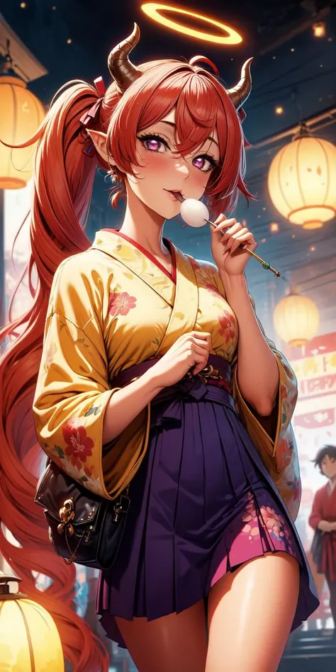 <lora:Fukuro Style_CocoBOMh_64_V7:1>, Fukuro,
1girl, japanese clothes, yellow kimono, horns, solo, food, long hair, twintails, kimono, holding, holding food, looking at viewer, red hair, eating, wide sleeves, purple eyes, halo, official alternate costume, pointy ears, hakama, bangs, floral print, long sleeves, blush, hair between eyes, demon horns, skirt, black hakama, night, hakama skirt, kinchaku, lantern, outdoors, wagashi, very long hair, bag, food in mouth, pouch, summer festival, dango