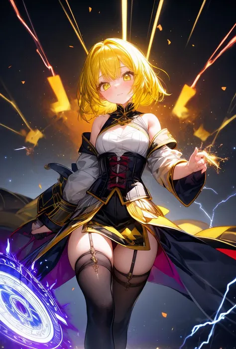 (masterpiece, best quality), 1girl, yellow hair, sparks hair, yellow eyes, electricity sparks, thunder blade, yellow magic circle, yellow corset, black thighhighs, sidelighting, light particles, abstract, <lora:add_detail:1>