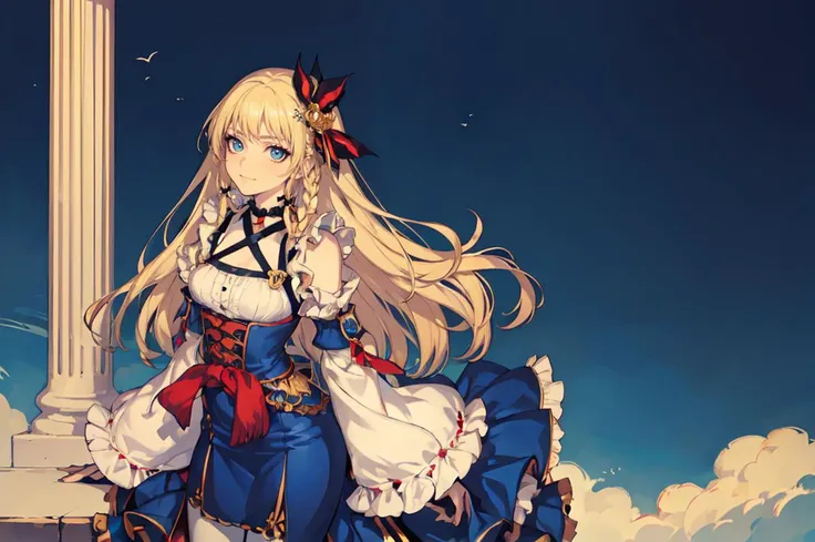 ultra detailed, masterpiece, best quality, solo, <lora:fishine:1>,soft smile, light smile, blue clothes, blue theme,
1girl, blue eyes, very long hair, blonde hair, long blonde hair, french braid, bangs, medium breasts,
hair ribbon, frilled choker, criss-cross halter, sleeveless dress, high-waist skirt, backless dress, waist bow, detached sleeves, frilled sleeves, wide sleeves, pantyhose, patterned legwear, mary janes,
column lineup, marble \(stone\),