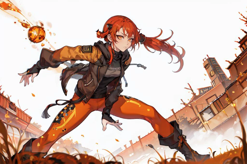 ultra detailed, masterpiece, best quality, solo, <lora:fishine:1>,
1girl, red hair, (orange eyes:0.5), (amber eyes:1.3), swept bangs, parted bangs, medium hair, small breasts, <lora:Tsurime3:1>, (tsurime:1.2), (low twintails:1.35),
leggings, leather jacket, long shirt, combat boots, hoodie,