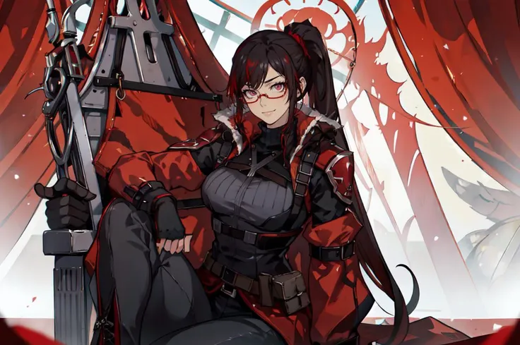 ultra detailed, masterpiece, best quality, solo,  <lora:fishine:1>,
smug smile, throne, throne room, red banner, sitting, crossed legs, 
1girl, purple eyes, red-framed eyewear, (black hair, red colored tips:1.2), red streaked hair, very long hair, side ponytail, tied hair, medium breasts,
coat on shoulders, red dress, sleeves rolled up, fingerless gloves, holster, belt, multiple belts, combat boots, bulletproof vest, pants, black coat, tactical clothes,