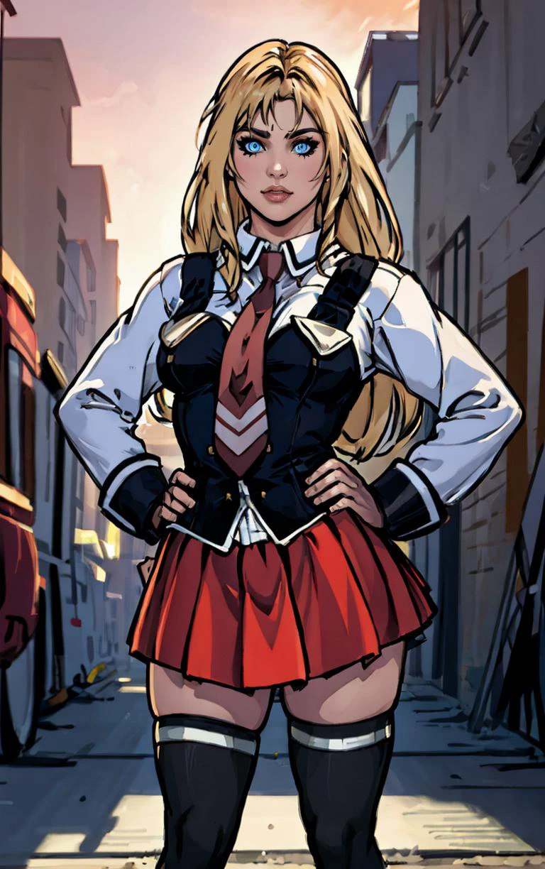 ((masterpiece, best quality)), insaneres, absurdres, solo, outdoors,
CLOTHING_BibleBlack_SchoolDress_ownwaifu,
1girl, blonde hair, long hair, blue eyes,
black vest, red skirt, white shirt, collared shirt, suspenders, school uniform, black thighhighs, zettai ryouiki, necktie, long sleeves, pleated skirt, red necktie,
(contrapposto, hand on hip)<lora:CLOTHING_BibleBlack_SchoolDress_ownwaifu:1>,
lens flare, depth of field, bokeh, embers, vanishing point, looking at viewer,