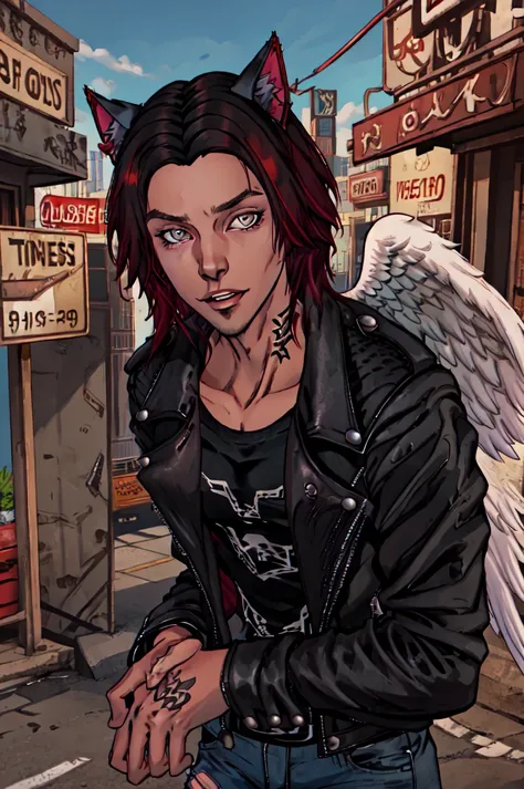 <lyco:Chris_Xvoor-06:1.0>Chris_Xvoor, solo,looking at viewer,black hair, animal ears,jacket, red hair, outdoors, day, pants, cat ears, black jacket, torn clothes, leather, leather jacket, torn jeans, denim jacket, upper body ProfessionalDetail OseaDark