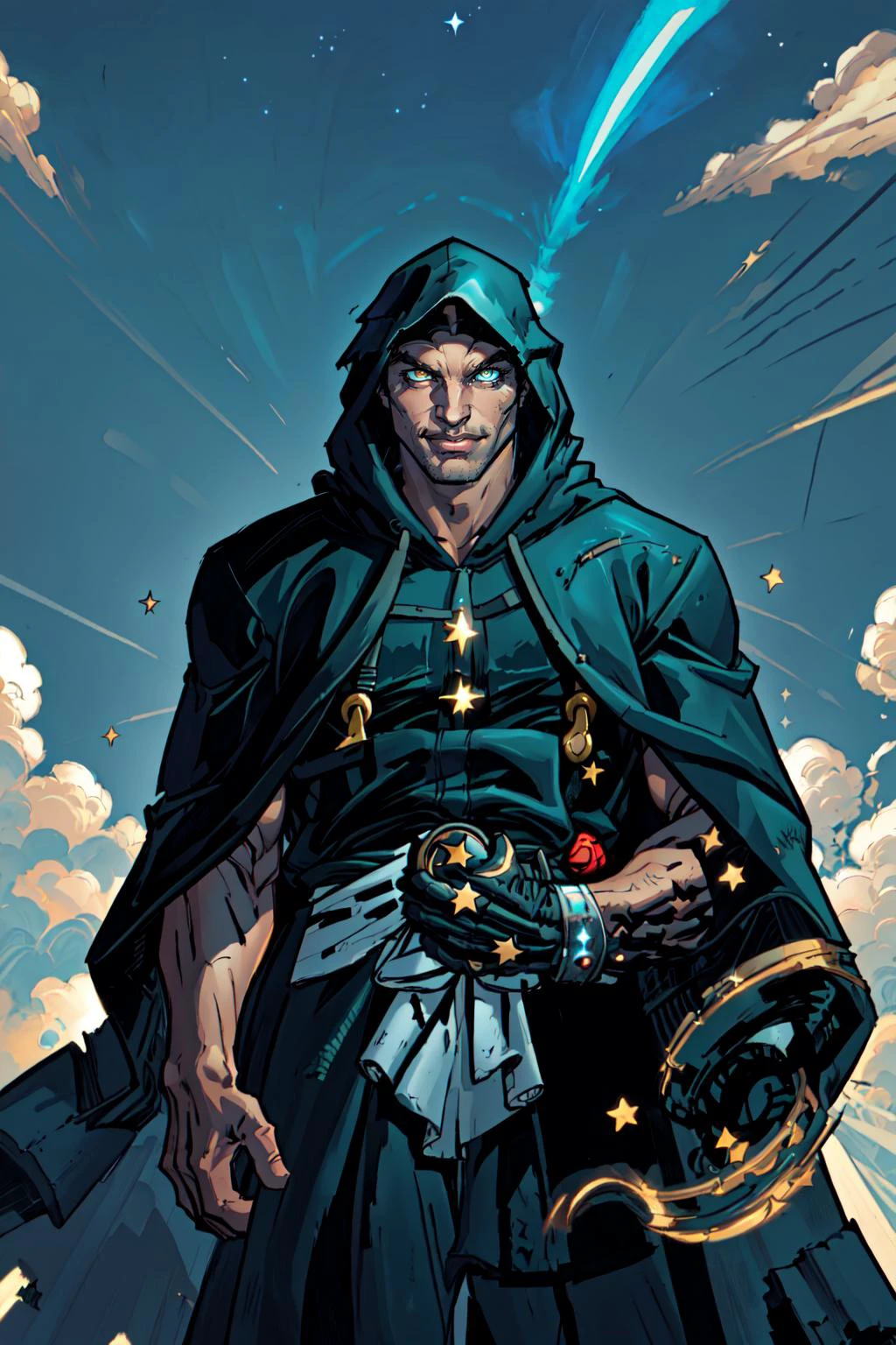 joe madureira style, (masculine), (male_focus), (masterpiece, best quality, ultra-detailed, highres), perfect face, side-lighting, lustrous skin, (bloom), (shine), lighting, ray tracing, solo, 1boy, male focus, yellow eyes, portrait, white hair, star \, (sky\), black robe, robed, hooded robe, looking at viewer, blue theme, starry sky, night, sky, lips, smile, depth_of_field, very detailed background, highly detailed background, Masterpiece, Ultra detailed, great composition, Dynamic angle, (Highest picture quality), (Master's work), depth of field, solo, extreme light and shadow, masterpiece, rich in detail, (highest quality), (masterpiece), (detailed eyes), (beautiful), detailed, beautiful detailed eyes, (masterpiece), (best quality), (ultra-detailed), (best illustration), (best shadow), perfect lighting , perfect anatomy , vivid colors, outdoors, fantasy art, <lora:JoeMad_V3-08:0.8>