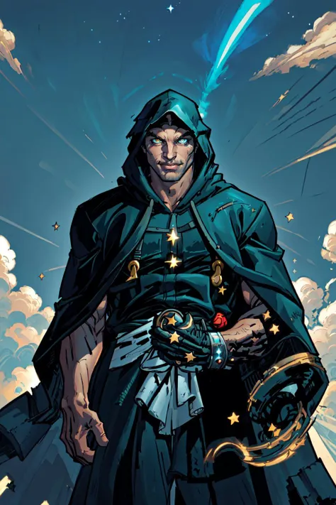 joe madureira style, (masculine), (male_focus), (masterpiece, best quality, ultra-detailed, highres), perfect face, side-lighting, lustrous skin, (bloom), (shine), lighting, ray tracing, solo, 1boy, male focus, yellow eyes, portrait, white hair, star \, (sky\), black robe, robed, hooded robe, looking at viewer, blue theme, starry sky, night, sky, lips, smile, depth_of_field, very detailed background, highly detailed background, Masterpiece, Ultra detailed, great composition, Dynamic angle, (Highest picture quality), (Master's work), depth of field, solo, extreme light and shadow, masterpiece, rich in detail, (highest quality), (masterpiece), (detailed eyes), (beautiful), detailed, beautiful detailed eyes, (masterpiece), (best quality), (ultra-detailed), (best illustration), (best shadow), perfect lighting , perfect anatomy , vivid colors, outdoors, fantasy art, <lora:JoeMad_V3-08:0.8>