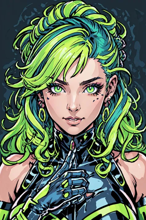 (masterpiece, best_quality, ultra-detailed, immaculate:1.3), epic, illustration, render, volumetric lighting, welcoming, Finger Lime entity, see-through gossamer, in Japan, striped elbow gloves, neon green color scheme, multicolored hair, bombshell hair, rainbow hair, half updo, Blowout Curls, <lyco:EnvyRadioactive01:1.0> ProfessionalDetail