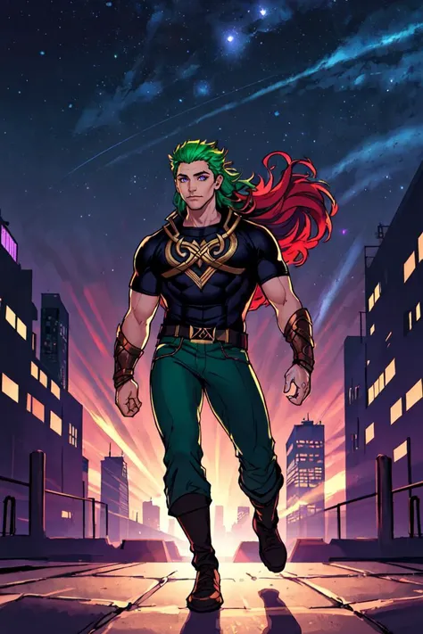 (masterpiece, best quality, ultra-detailed, highres, best illustration), 1boy, solo, (male focus:0.8), transgender male, (masculine:0.7), (norse god loki), two tone hair, red hair, green hair, short hair, heterochromia, purple eyes , side lighting, lustrous skin, (shine), (shiny skin), ray tracing, tshirt, pants, wind swept hair, detailed hair, detailed face, depth_of_field, very detailed background, extreme light and shadow, (detailed eyes), perfect anatomy, Floating, dynamic angle, wide shot, full body, city scape, extreme light and shadow, night sky