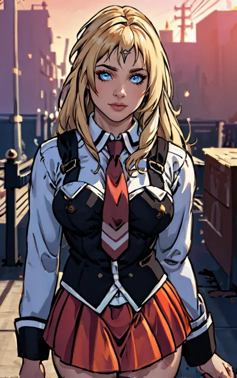 ((masterpiece, best quality)), insaneres, absurdres, solo, outdoors,
CLOTHING_BibleBlack_SchoolDress_ownwaifu,
1girl, blonde hair, long hair, blue eyes,
black vest, red skirt, white shirt, collared shirt, suspenders, school uniform, black thighhighs, zettai ryouiki, necktie, long sleeves, pleated skirt, red necktie,
(portrait, close-up)<lora:CLOTHING_BibleBlack_SchoolDress_ownwaifu:0.8>,
lens flare, depth of field, bokeh, embers, vanishing point, looking at viewer,