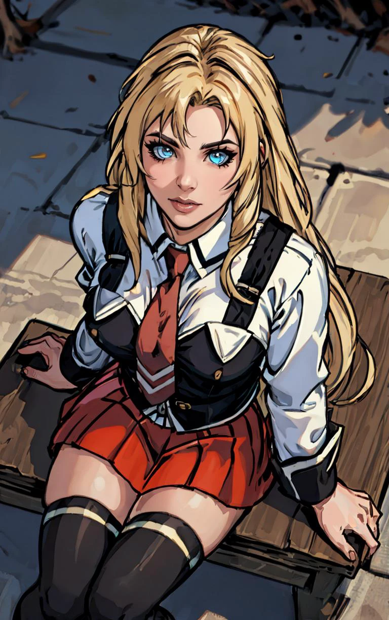 ((masterpiece, best quality)), insaneres, absurdres, solo, outdoors,
CLOTHING_BibleBlack_SchoolDress_ownwaifu,
1girl, blonde hair, long hair, blue eyes,
black vest, red skirt, white shirt, collared shirt, suspenders, school uniform, black thighhighs, zettai ryouiki, necktie, long sleeves, pleated skirt, red necktie,
(from above, sitting)<lora:CLOTHING_BibleBlack_SchoolDress_ownwaifu:0.9>,
lens flare, depth of field, bokeh, embers, vanishing point, looking at viewer,