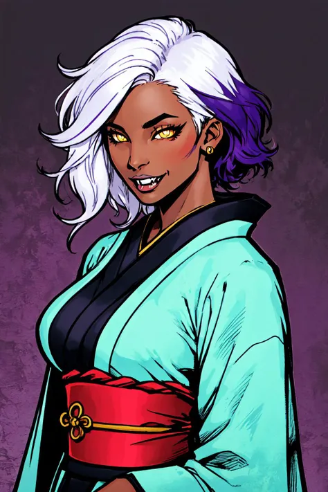 1girl, solo, short hair, wild hair, yellow eyes, constricted pupils, wide eyes, two tone hair, white hair, purple hair, upper body, large breasts, vampire, lips, fangs, dark skin, dark-skinned female, sexy, kimono, best detail, fantasy background, specular highlights, cowboy shot