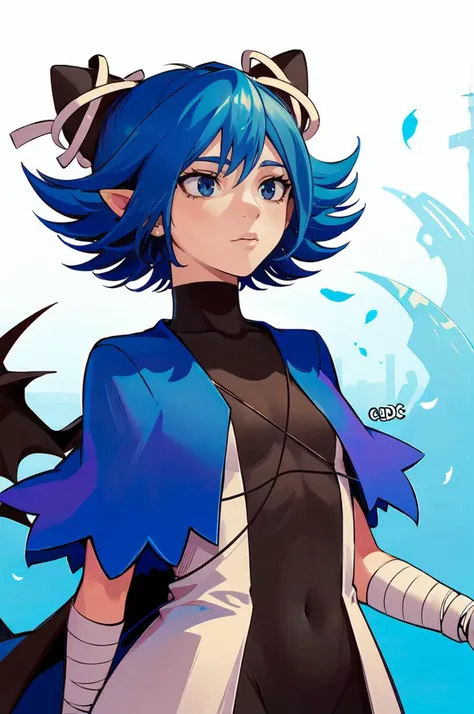 <lora:Gudoc Style Lora:0.8> Gudoc, Thin lineart, soft shading, film grain, <lora:RtPL-Serene:1> serene_\(riviera\), blue_capelet, white_coat, black_bodysuit, black_headwear, bandages, short_hair,, ultra detailed, masterpiece, best quality,