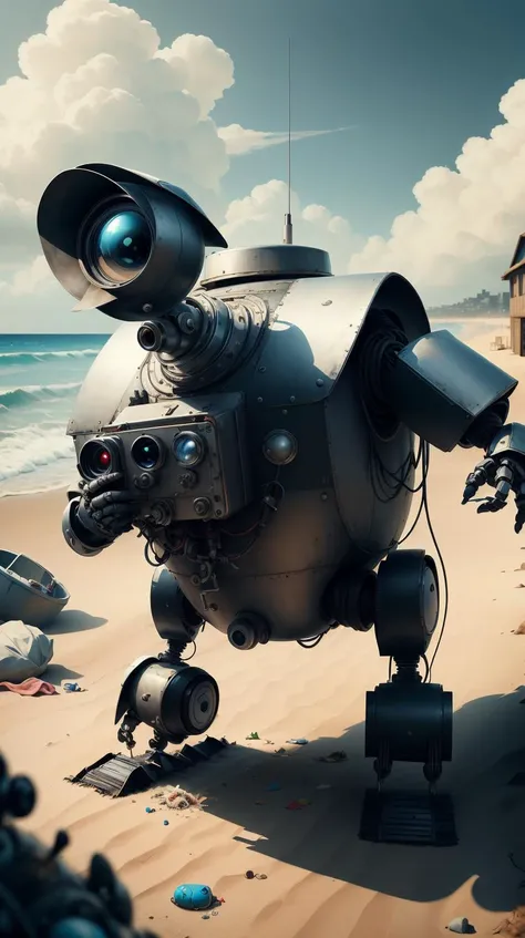 <lora:SpyWorld50s:1>SpyWorld50s, a small robot picking up litter on a beach of the future, spy-theme, 50s, (Masterpiece:1.3) (best quality:1.2) (high quality:1.1)