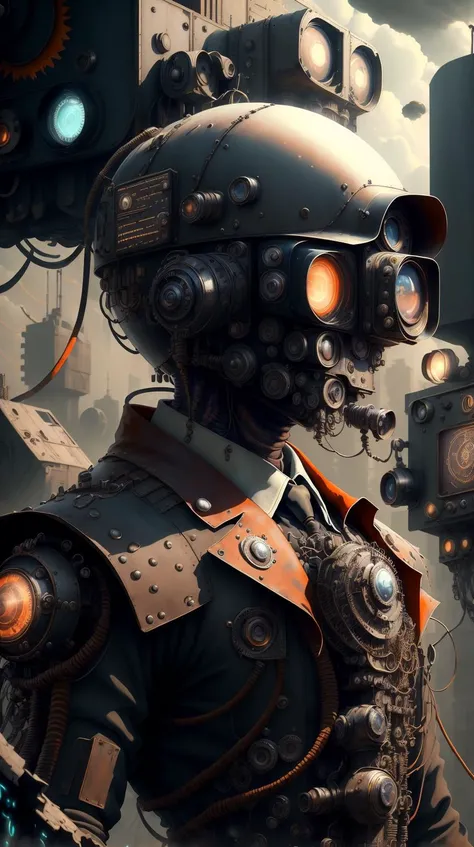 <lora:SpyWorld50s:1>SpyWorld50s, (style-rustmagic:0.8), portrait, (bloody wounds:0.7), looking down, solo, upper body, detailed background, (<lora:1970RetroFuturism:0.6>, 1970retrofuturism, 1970s theme:1.1) steampunk mask, dynamic pose, sunshine artificer, floating lights, Orange mechanical armor , techwear, medieval glasses, White canyon in background, machines, technology, soot, buttons, levers, rivets, automaton, clockwork, electricity, flames , spy-theme, 50s, (Masterpiece:1.3) (best quality:1.2) (high quality:1.1)