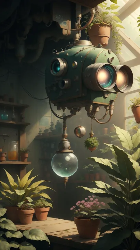 <lora:SpyWorld50s:1>SpyWorld50s (Style-SwampMagic:0.4), focus on character, portrait, solo, upper body, looking down, detailed background, detailed face, (<lora:ZonaiAIv8:0.6>, ZonaiAI theme:1.1), botanist, planters, potted plants, greenery, colorful plants, blooming flowers, glowing plants, greenhouse effect, floating plants, healing magic, wild growth, mushrooms, ferns, research, botanical laboratory in background, sunshine, magical atmosphere,, (Masterpiece:1.3) (best quality:1.2) (high quality:1.1)