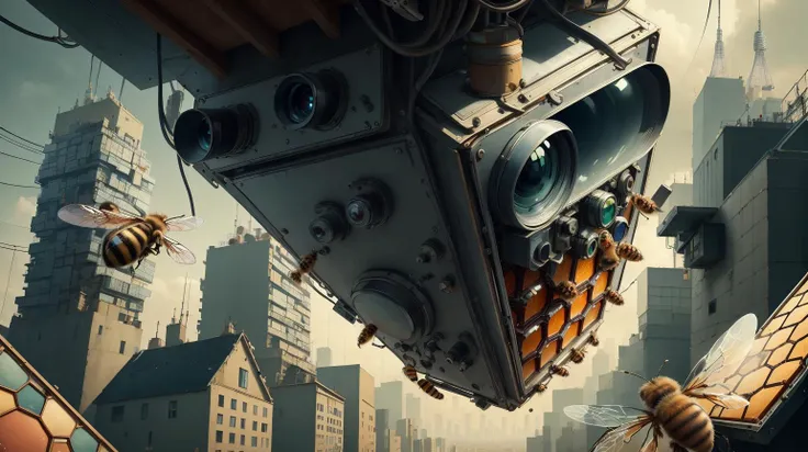 <lora:SpyWorld50s:1>SpyWorld50s, a beekeeper lifting a hive frame, the honeycomb cells revealing a cityscape, spy-theme, 50s, (Masterpiece:1.3) (best quality:1.2) (high quality:1.1)