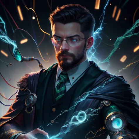<lora:SpyWorld50s:1>SpyWorld50s, Style-GravityMagic, portrait, looking down, solo, half shot, detailed background, detailed face, (<lora:JoltTech:0.6>, sparks, jolttech theme:1.1), hogwarts teacher, concentrating, (slytherin uniform:1.1), cardigan, casting spell, hogwarts in background, ethereal atmosphere, dawn,, colorful, (Masterpiece:1.3) (best quality:1.2) (high quality:1.1)