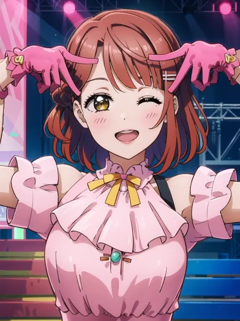 (illustration:1.1),(best quality),(masterpiece:1.1),(beautiful and clear background:1.25),(masterpiece, best quality, ultra-detailed), (photorealistic), (beautiful detailed eyes),
stage,stage lights,(pink hair,red hair), 
1girl,solo,looking at viewer,cowboy shot, upper body, 
 <lora:AyumuLL_v1-05:0.8>,uehara ayumu, yellow eyes, frilled dress, pastel pink dress,light smile,depth of field,(pastel pink gloves:1.4),frilled gloves,swept bangs,
bare shoulders, one eye closed,round teeth,
<lora:Hoshino Ai's Pose:0.7>,ai's pose,double v,