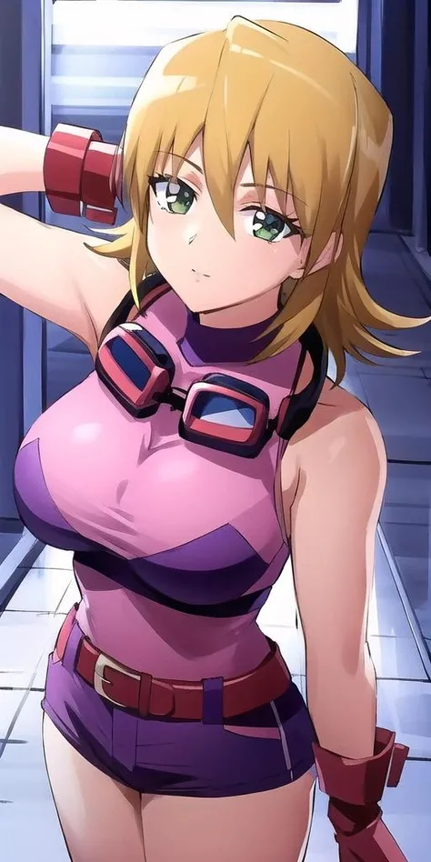 Miu furinji, A woman in purple tights poses for a photo, Blonde and curly hair, cute girl wearing tank suit, tight costume, tight attire, two piece workout clothes, close body shot, close up half body shot, tightsuit, Creamy purple bodysuit, Gorgeous lady, Wear a short pink jacket over your clothes, wearing tight simple clothes, Open V chest clothes, full body close-up shot, upperbody closeup, Five fingers, thicc, huge tit, Crazy swollen breasts, Buttock augmentation, Fitness model, A smile, Stand by the pier at night