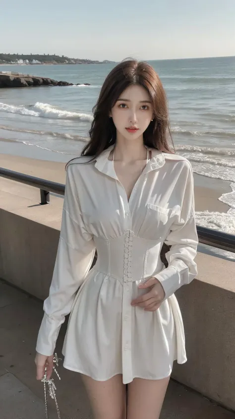 masterpiece,best quality,bright colors,solo,photo_,(1girl:1.3),(standing:1.3),(looking at viewer:1.4),Elegant,detailed gorgeous face,(cowboy shot:1.4),realistic,dappled sunlight,(seaside background:1.4),,MIS,abdominal girdle,<lora:MIS40:0.75>