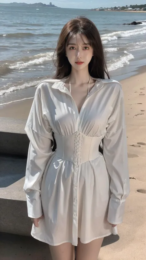 masterpiece,best quality,bright colors,solo,photo_,(1girl:1.3),(standing:1.3),(looking at viewer:1.4),Elegant,detailed gorgeous face,(cowboy shot:1.4),realistic,dappled sunlight,(seaside background:1.4),,MIS,abdominal girdle,<lora:MIS40:0.75>