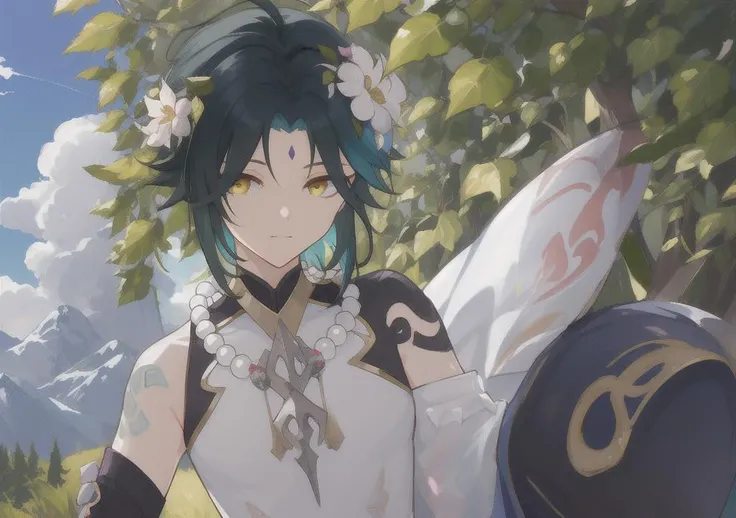 masterpiece,sweat,from above,glossy skin,1boy,sitting,upper body,white clothes,open clothes,male focus,wooden chair,forest,detailed background,(detailed eyes)yellow eyes, necklace, tattoo, (forehead:0.8), (ahoge:0.8), jewelry,illustration,,highest quallity, illustration, cinematic light, ultra detailed,blue sky,shy guy, (arm + hand + 1thumb + 4fingers).flower on head,