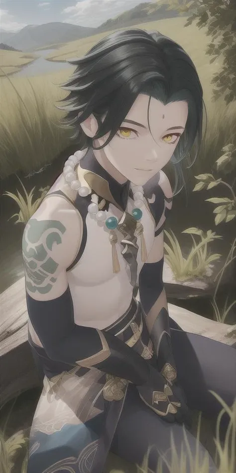 masterpiece,from above,glossy skin,1boy,upper body,white clothes,open clothes,male focus,sitting on moss,forest,detailed background,(detailed eyes)yellow eyes, necklace, tattoo, (forehead:0.8), (ahoge:0.8), jewelry,illustration,,highest quallity, illustration, cinematic light, ultra detailed,blue sky,shy guy, (arm + hand + 1thumb + 4fingers)