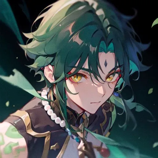 , <lora:vividImpactfulStyleYoneyamaMai_v40hLocon:0.15> 1boy,dark green  hair,  best quality, masterpiece, extremley,yellow eyes,male focus,
 beautiful eyes, <lora:xiaoGenshinImpact_v30:0.8>