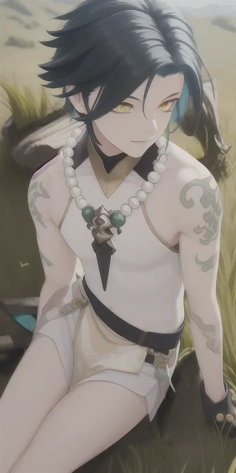 masterpiece,from above,glossy skin,1boy,upper body,white clothes,open clothes,male focus,sitting on moss,forest,detailed background,(detailed eyes)yellow eyes, necklace, tattoo, (forehead:0.8), (ahoge:0.8), jewelry,illustration,,highest quallity, illustration, cinematic light, ultra detailed,blue sky,shy guy, (arm + hand + 1thumb + 4fingers).flower on head,sweat