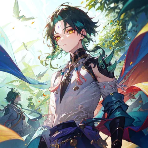 <lora:vividImpactfulStyleYoneyamaMai_v40hLocon:0.15> 1boy,dark green hair,best quality,masterpiece,extremley,yellow eyes,male focus,beautiful eyes,<lora:xiaoGenshinImpact_v30:0.8>,