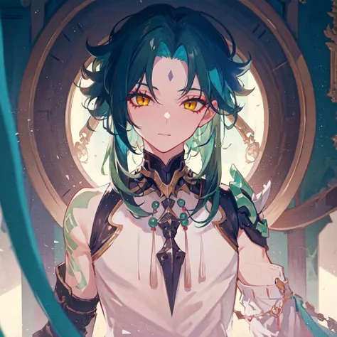 <lora:vividImpactfulStyleYoneyamaMai_v40hLocon:0.15> 1boy,dark green hair,best quality,masterpiece,extremley,yellow eyes,male focus,beautiful eyes,<lora:xiaoGenshinImpact_v30:0.8>,