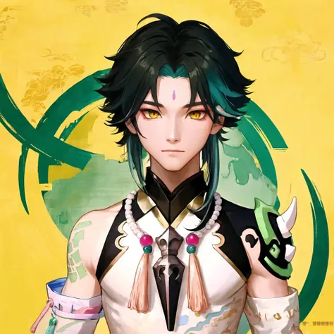 Masterpiece, Best Quality, 1boy, solo, full-length, looks at the viewer with a loving look, a loving look, a blush on his cheeks, a beautiful boy, one boy, Xiao Genshin Impact