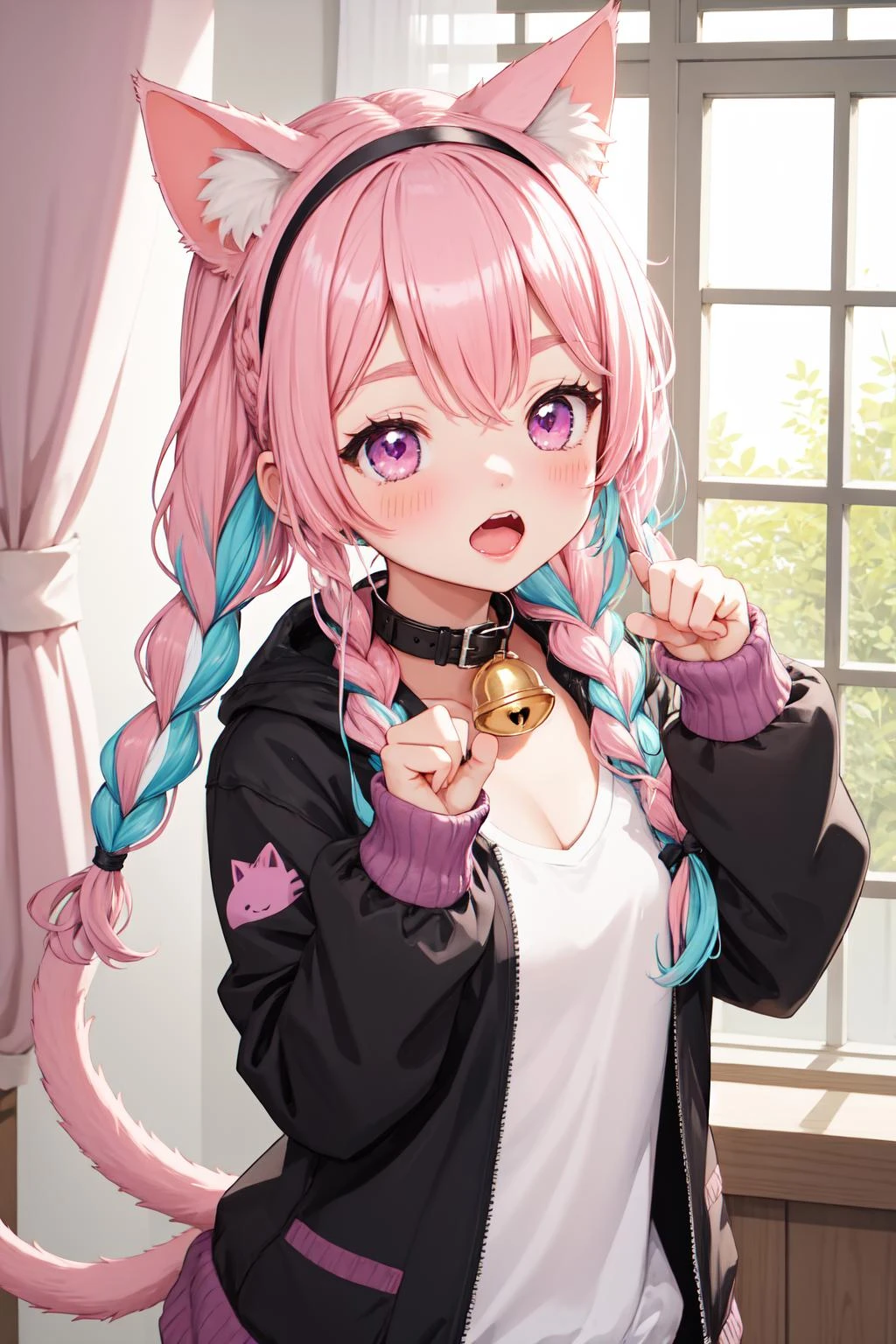 Masterpiece, best quality, highres, detailed background, detailed eyes, 1girl, animal ear fluff, animal ears, bell, blurry, blurry background, blurry foreground, blush, braid, cat, cat ears, cat girl, cat tail, collar, curtains, depth of field, eyebrows visible through hair, fang, hairband, indoors, jacket, kemonomimi mode, long hair, long sleeves, looking at viewer, minato aqua, multicolored hair, neck bell, open clothes, open mouth, paw pose, pink eyes, pink hair, purple eyes, solo, tail, twin braids, twintails, virtual youtuber, window,