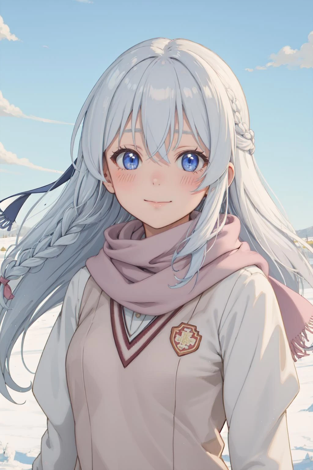 Masterpiece, best quality, highres, detailed background, detailed eyes, ph elaina, (long white sleeve:1.2) Eoutfit4, (wearing a scarf:1.2), upper body, elaina (majo no tabitabi), solo, long hair, bow, blush, bangs, hair between eyes, blue eyes, hair bow, shiny hair, sidelocks, hair tubes, white hair, single braid, shiny, hair ribbon, anime color, tokiwadai school uniform, strong wind, wind, outdoor, snow, <lora:elaina-ph_64:1>, <lora:tokiwadai_school_uniform:1>,