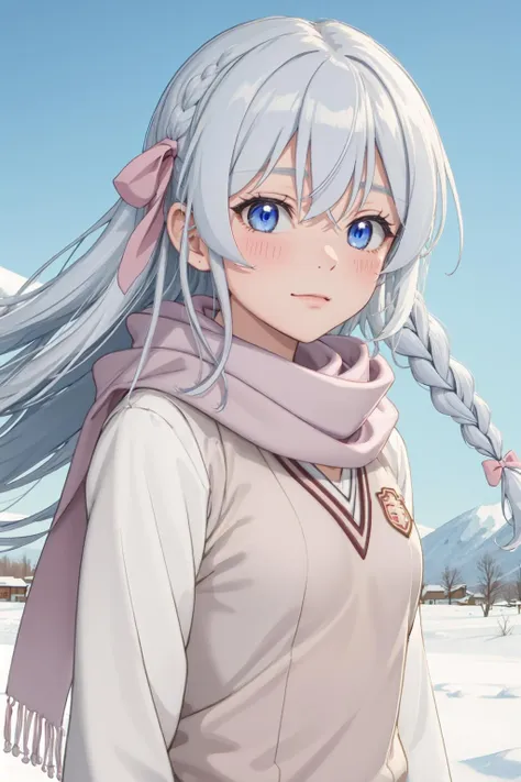 Masterpiece, best quality, highres, detailed background, detailed eyes, ph elaina, (long white sleeve:1.2) Eoutfit4, (wearing a scarf:1.2), upper body, elaina (majo no tabitabi), solo, long hair, bow, blush, bangs, hair between eyes, blue eyes, hair bow, shiny hair, sidelocks, hair tubes, white hair, single braid, shiny, hair ribbon, anime color, tokiwadai school uniform, strong wind, wind, outdoor, snow,  <lora:elaina-ph_64:1>,  <lora:tokiwadai_school_uniform:1>,