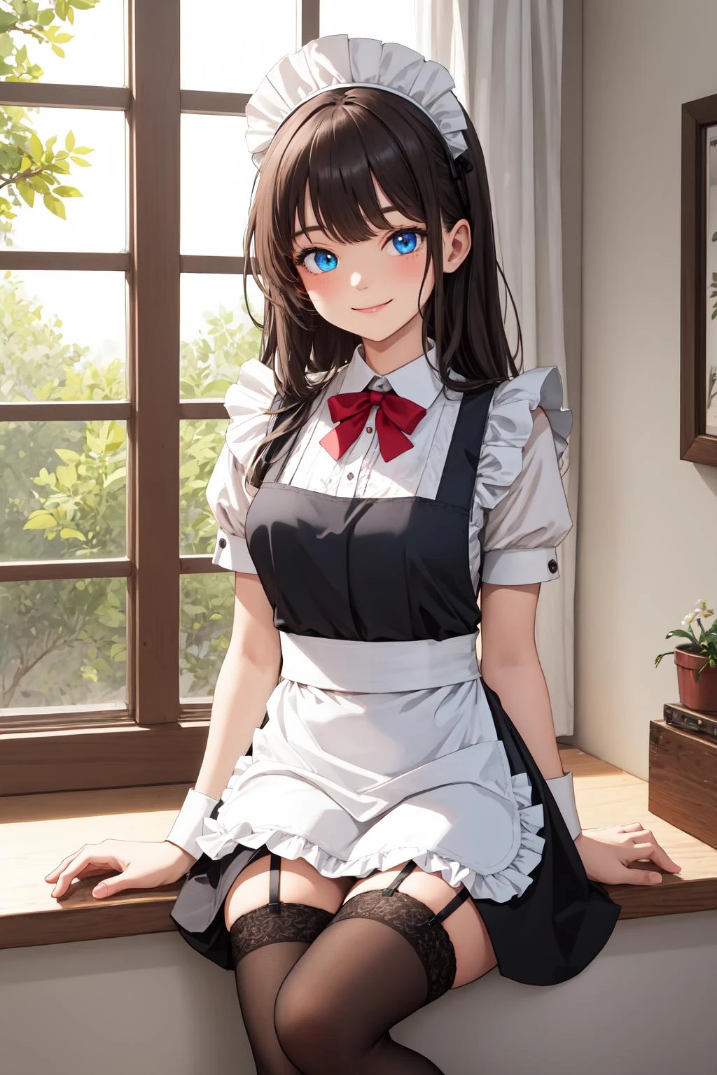 masterpiece, best quality, incredibly absurdress, highres, (high detail eyes:1.3), high detail background, 1girl, heterochromia, maid, rating:safe, maid_headdress, window, crossed_legs, enmaided, apron, thighhighs, red_eyes, blue_eyes, solo, long_hair, maid_apron, sitting, smile, garter_straps, looking_at_viewer, sunlight, black_legwear, alternate_costume, indoors,