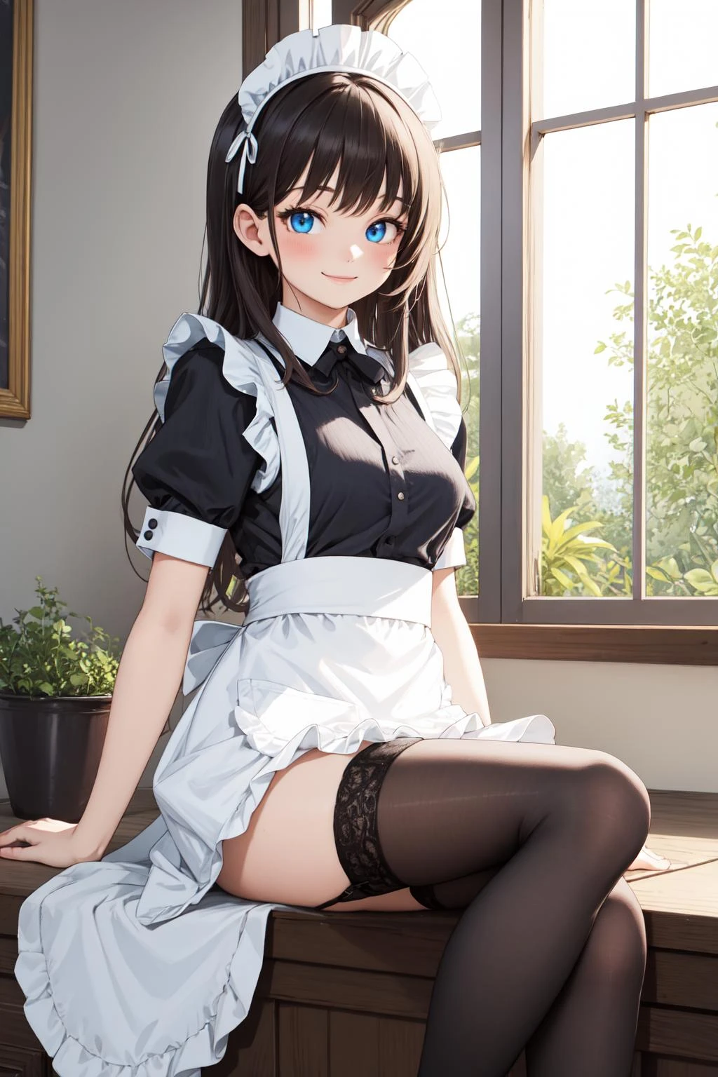 masterpiece, best quality, incredibly absurdress, highres, (high detail eyes:1.3), high detail background, 1girl, heterochromia, maid, rating:safe, maid_headdress, window, crossed_legs, enmaided, apron, thighhighs, red_eyes, blue_eyes, solo, long_hair, maid_apron, sitting, smile, garter_straps, looking_at_viewer, sunlight, black_legwear, alternate_costume, indoors,