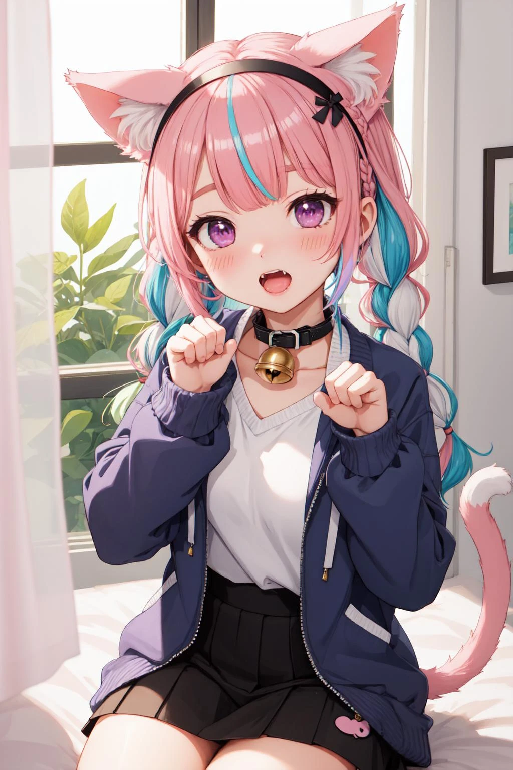 Masterpiece, best quality, highres, detailed background, detailed eyes, 1girl, animal ear fluff, animal ears, bell, blurry, blurry background, blurry foreground, blush, braid, cat, cat ears, cat girl, cat tail, collar, curtains, depth of field, eyebrows visible through hair, fang, hairband, indoors, jacket, kemonomimi mode, long hair, long sleeves, looking at viewer, minato aqua, multicolored hair, neck bell, open clothes, open mouth, paw pose, pink eyes, pink hair, purple eyes, solo, tail, twin braids, twintails, virtual youtuber, window,
