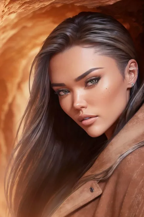 photo of S117_NataliDanish, a stunning woman, in a (cave:1.2), wearing a (suede-coat:1.1), (torch), (8k, RAW photo, best quality, depth of field, ultra high res:1.2), (absurdres, intricate, photorealistic, masterpiece, ultra-detailed, Unreal Engine:1.3)
