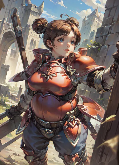 (masterpiece, best quality, ultra detailed, beautiful illustration), (oil painting:1.4), atmospheric perspective, (adventure atmosphere, elaborate atmosphere:1.4), depth of field, looking at viewer, beautiful detailed eyes, 1girl, (portrait, close-up:1.3), dynamic pose, dynamic angle, happy smile, (huge breasts:1.5), (outdoors:1.5, medieval castle:1.5), <lora:megV1:0.9>, meg, small eyes, armor, double bun, shoulder armor, breastplate, gloves, pauldrons, faulds, gauntlets, armored boots, greaves, belt, plump, pants