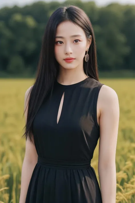 kmj1, a woman, (realistic), (hyperrealism), (photorealistic), depth of field, eye makeup:0.8, (upper body:1.2), (narrow waist), looking at the viewer, black dress, at the field, <lora:httpminji:0.45>