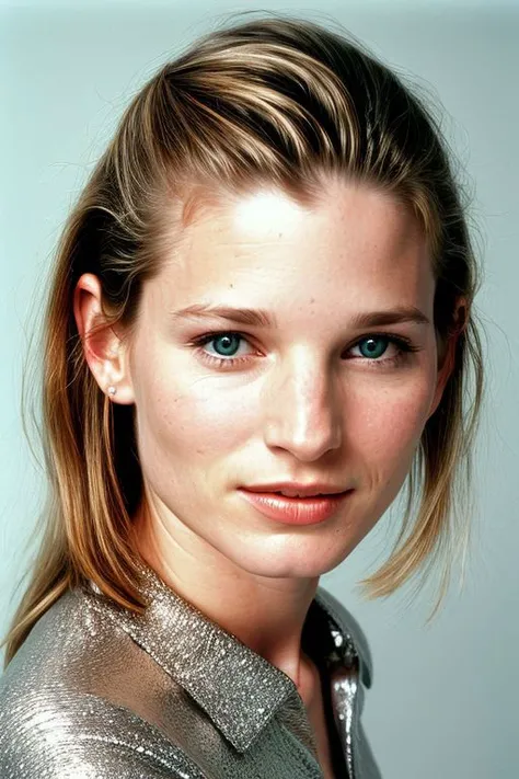(CR-Bridg3tFonda-v2-summer4love263:0.9), face closeup portrait of young woman, slick hair, oiled shiny skin, grey background, (tilted pose shot:1.0),