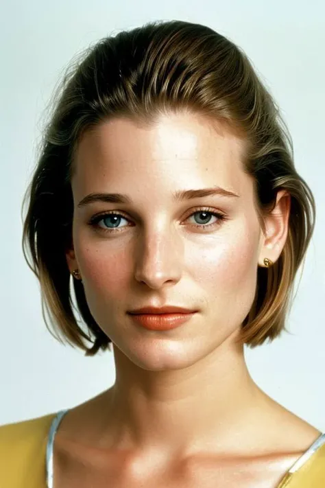 (CR-Bridg3tFonda-v2-summer4love263:0.9), face closeup portrait of young woman, slick hair, oiled shiny skin, grey background, (tilted pose shot:1.0),