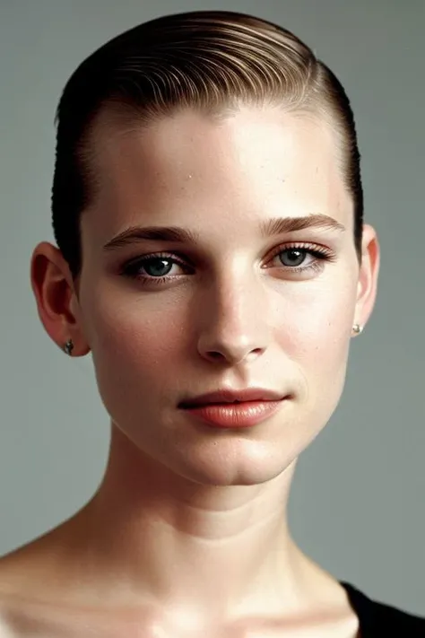 (CR-Bridg3tFonda-v2-summer4love263:0.8), face closeup portrait of young woman, slick undercut hair, oiled shiny skin, grey background, (tilted pose shot:1.0),