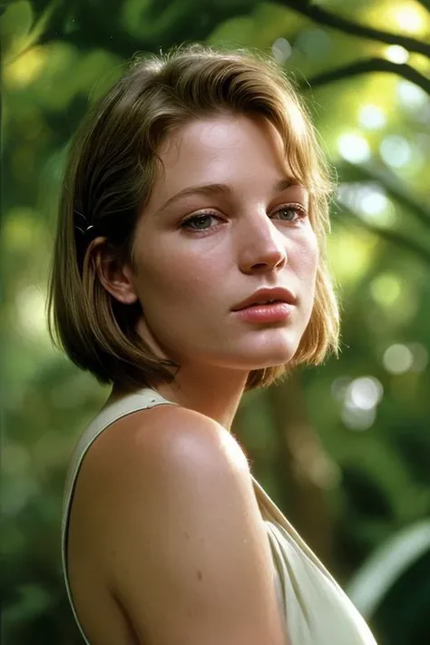 (CR-Bridg3tFonda-summer4love263:0.9), closeup photo of woman in woods, (slick undercut hair:1.0), (oiled shiny skin:1.0),
8k UHD highres, high quality, rim light,