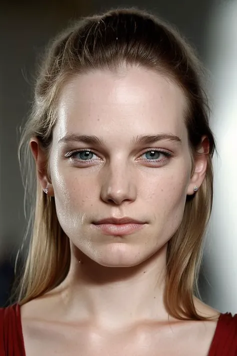 (CR-Bridg3tFonda-v1-summer4love263:0.9), face closeup portrait of young woman, slick hair, oiled shiny skin, grey background, (tilted pose shot:1.0),